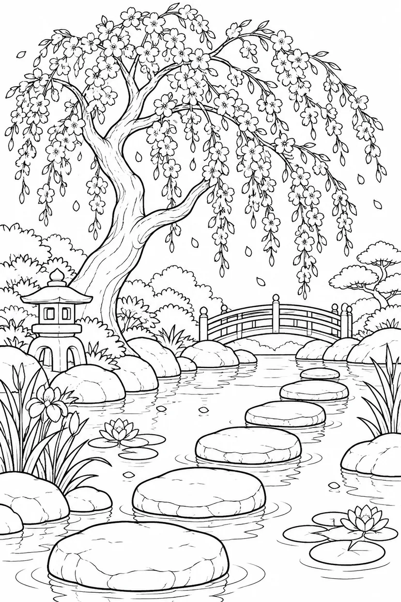 枝垂れ桜と池の飛び石の塗り絵