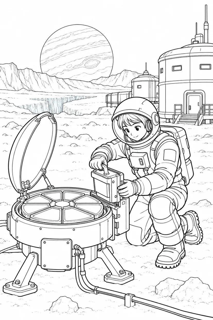 氷の衛星の探査基地：宇宙のちりを集める装置の塗り絵