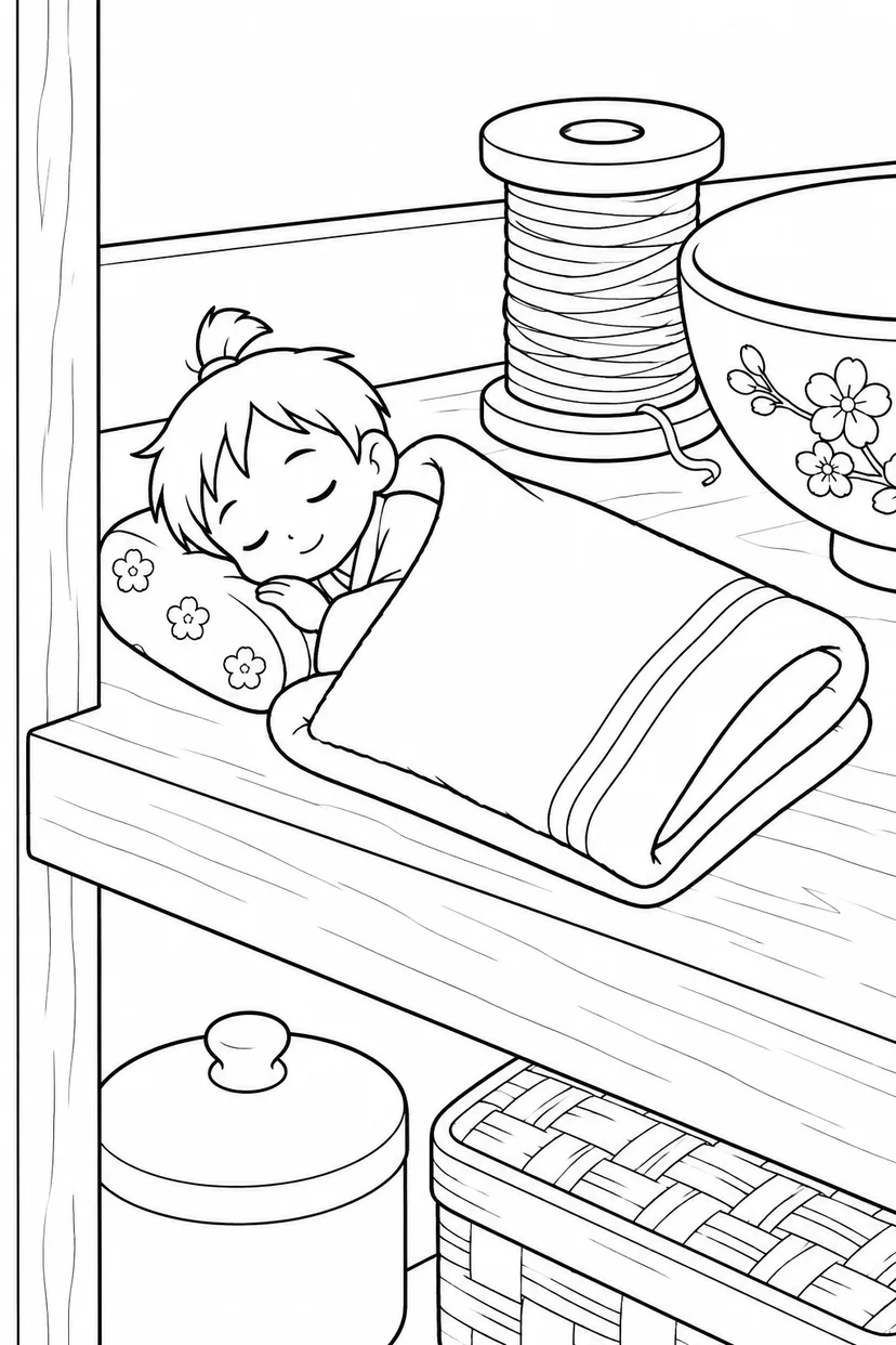 一寸法師・手ぬぐいの布団でおやすみの塗り絵