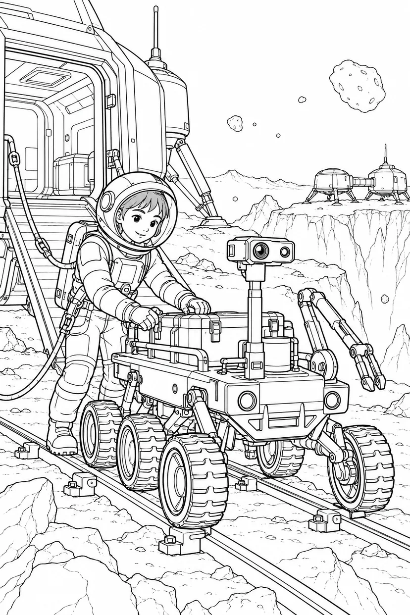 小惑星の岩山基地：探査車の出発準備の塗り絵