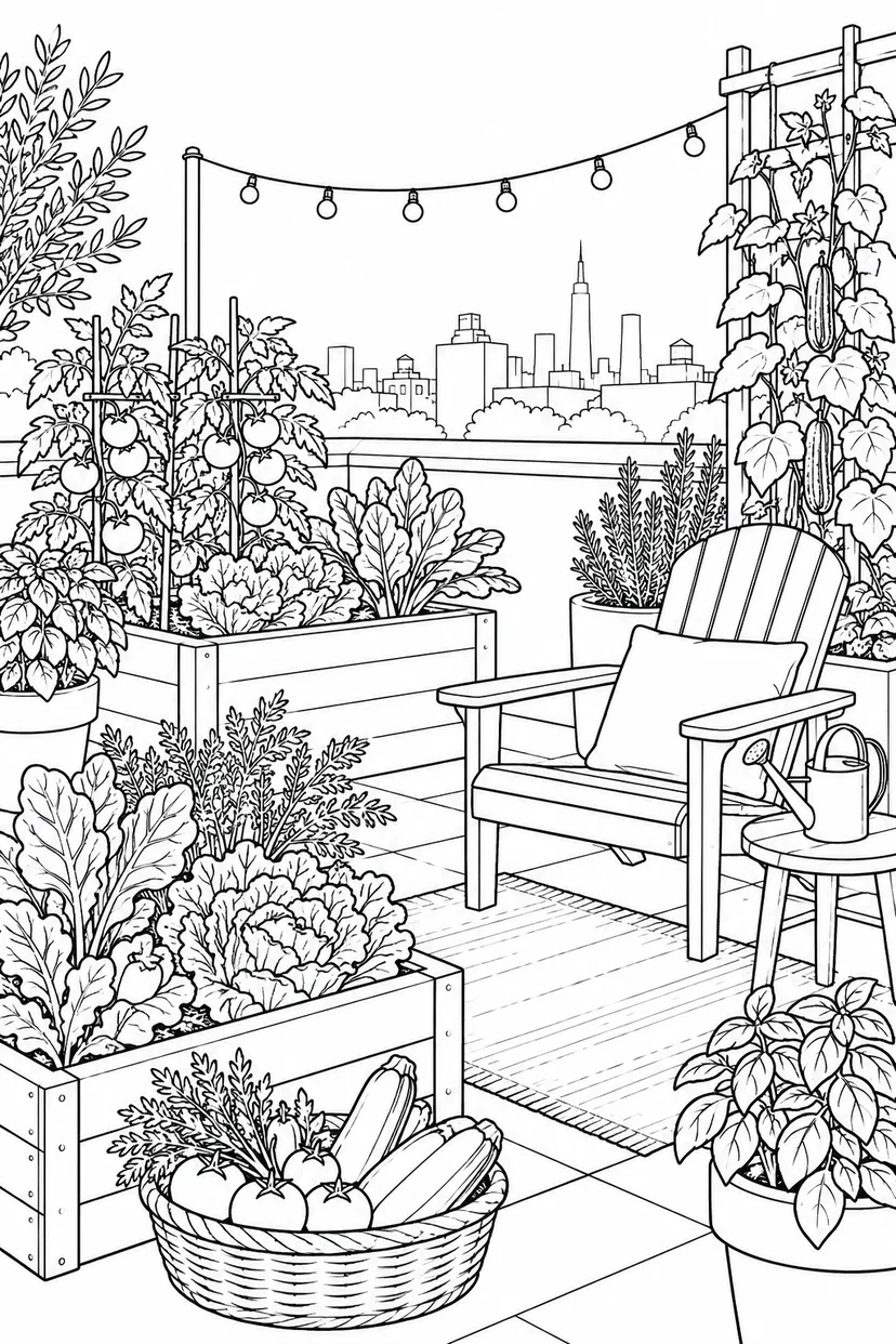 屋根の上にある菜園と椅子の塗り絵
