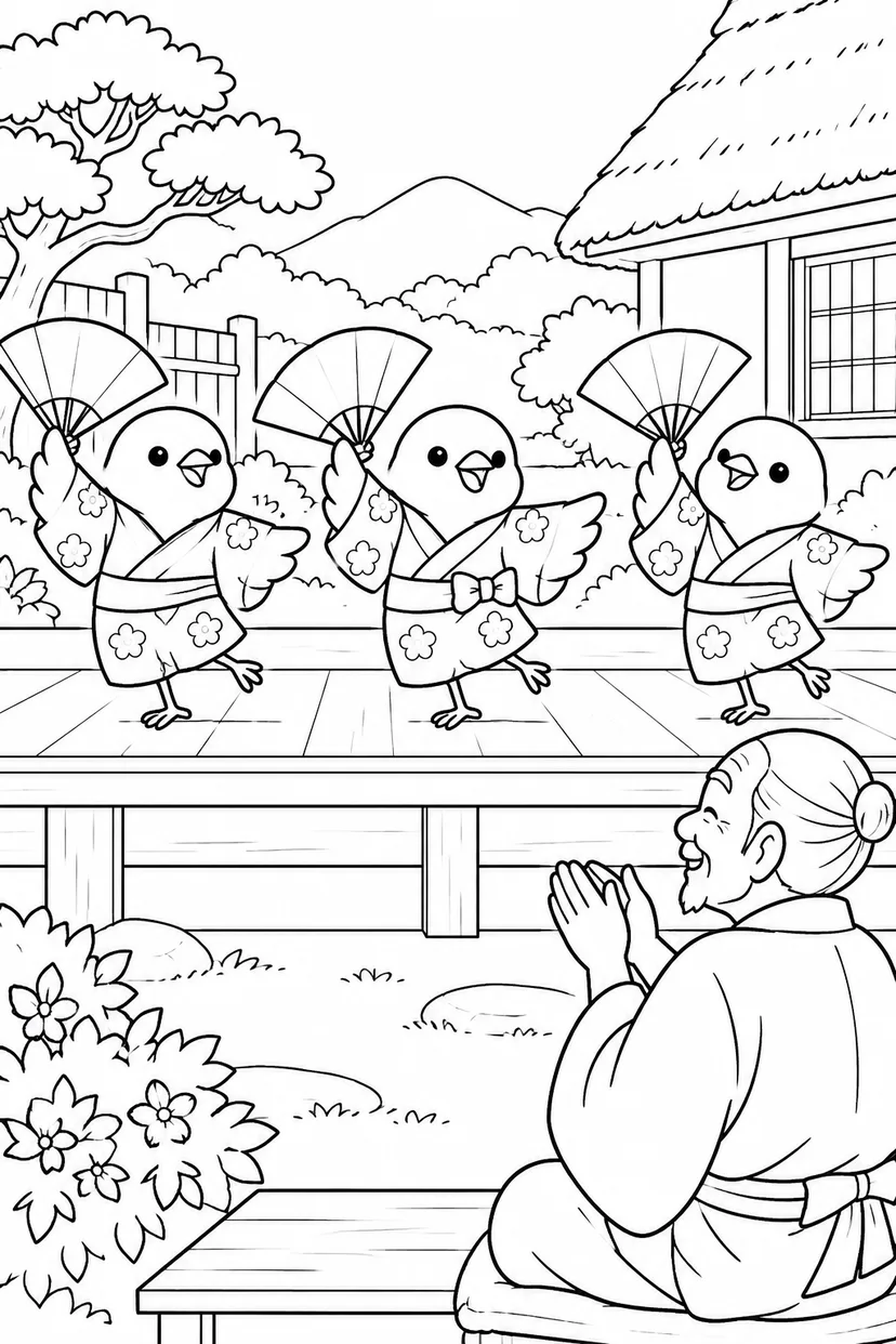したきりすずめ：扇をひらいてすずめの踊りの塗り絵
