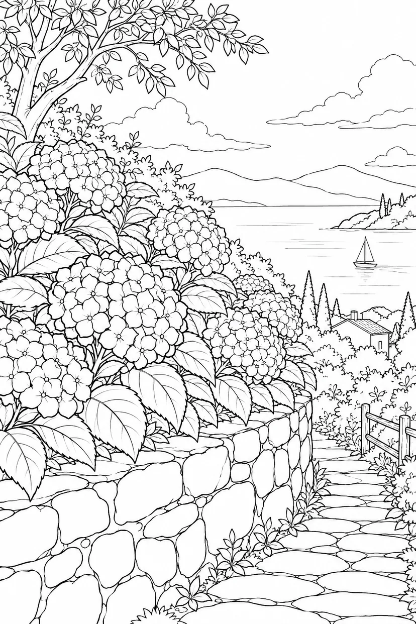 紫陽花の坂と石の塀の塗り絵