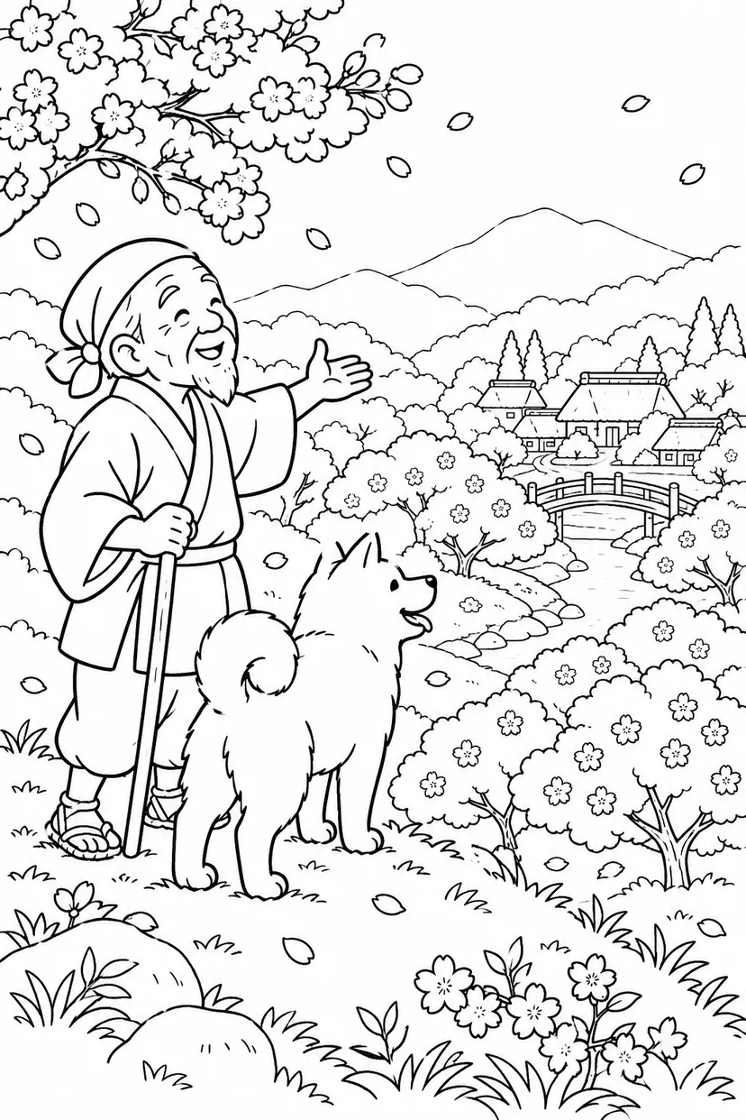 はなさかおじさん：丘から眺める桜の谷（ほっこり）の塗り絵
