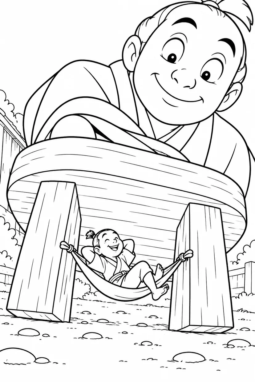 一寸法師・下駄の下でハンモックの塗り絵