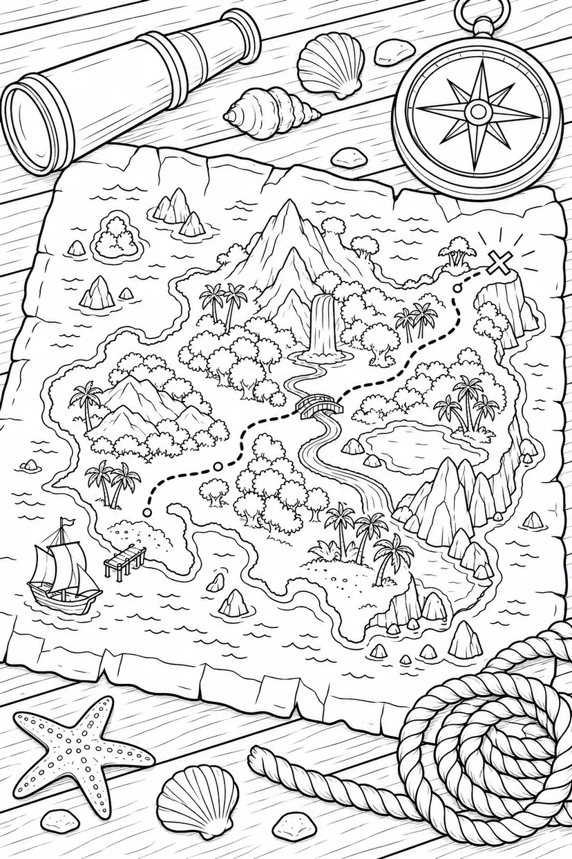 夏の冒険の地図と道具の塗り絵