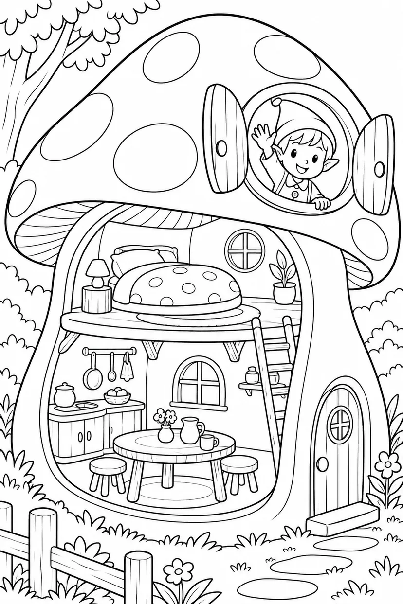 きのこのおうちの中の塗り絵