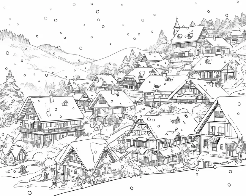 雪山の村の塗り絵