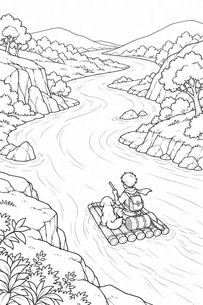 空に向かって流れる川の塗り絵