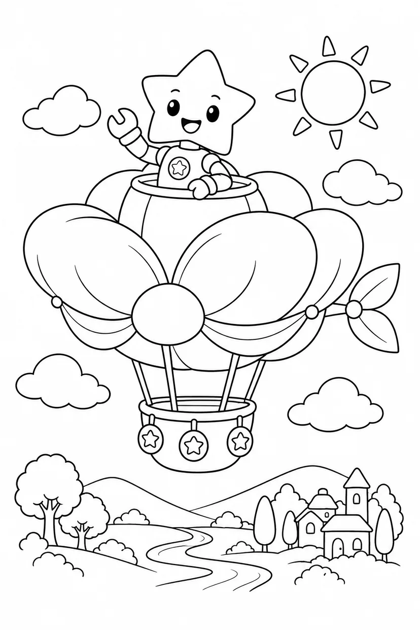 星の配達ロボットと花の飛行船の塗り絵