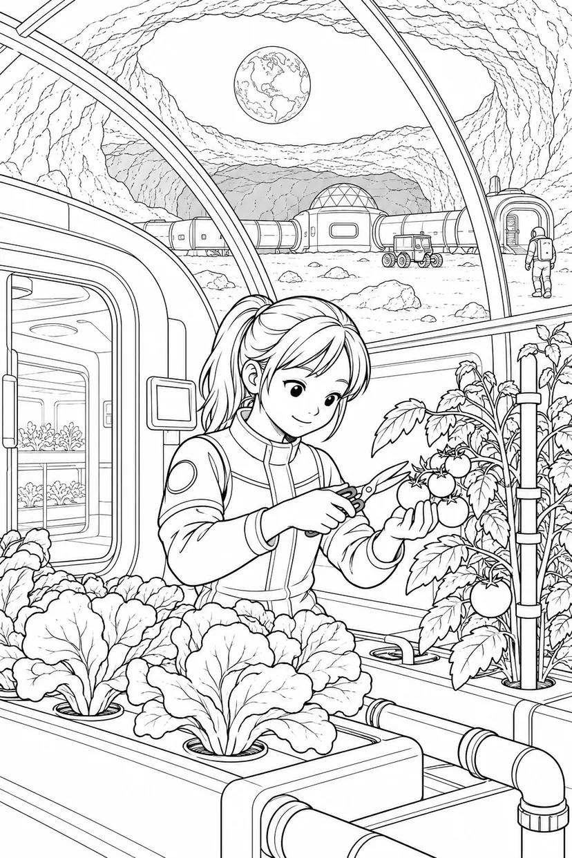 月の溶岩洞基地：野菜を育てる温室の塗り絵