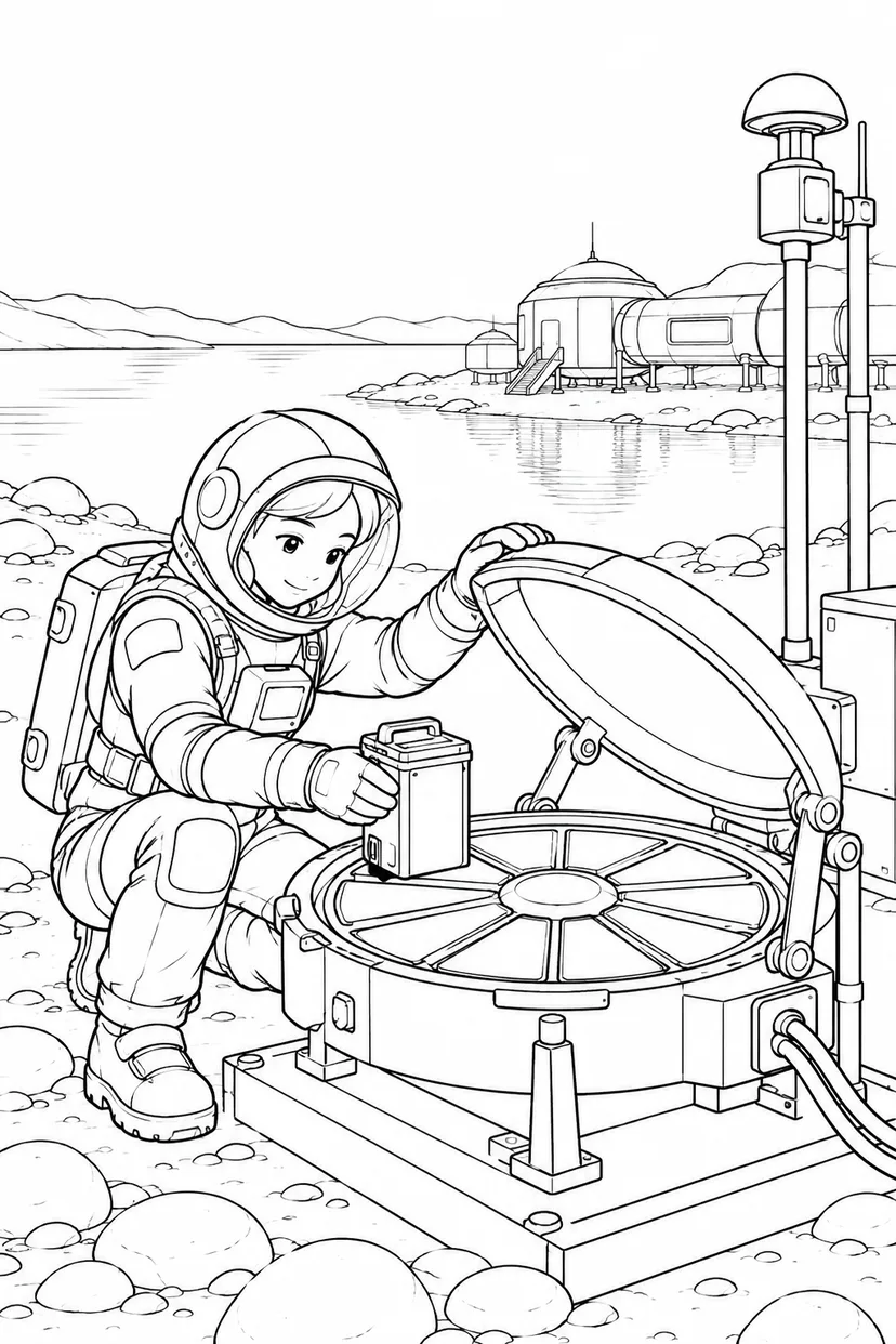 タイタンの湖畔基地：宇宙のちりを集める装置の塗り絵