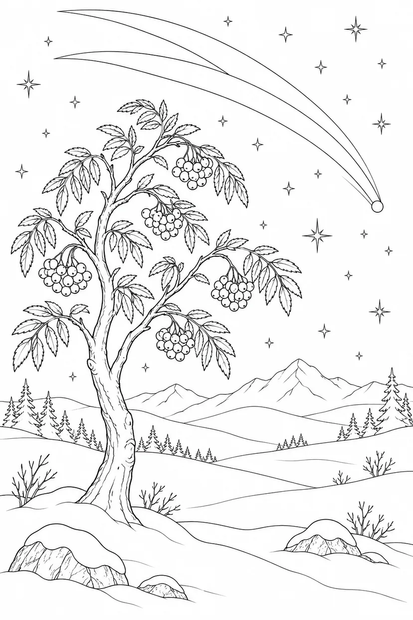 雪原のナナカマドと尾をひく彗星の塗り絵