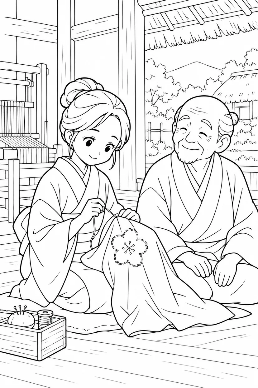 つるの恩返し：花のつぎあてのお裁縫の塗り絵