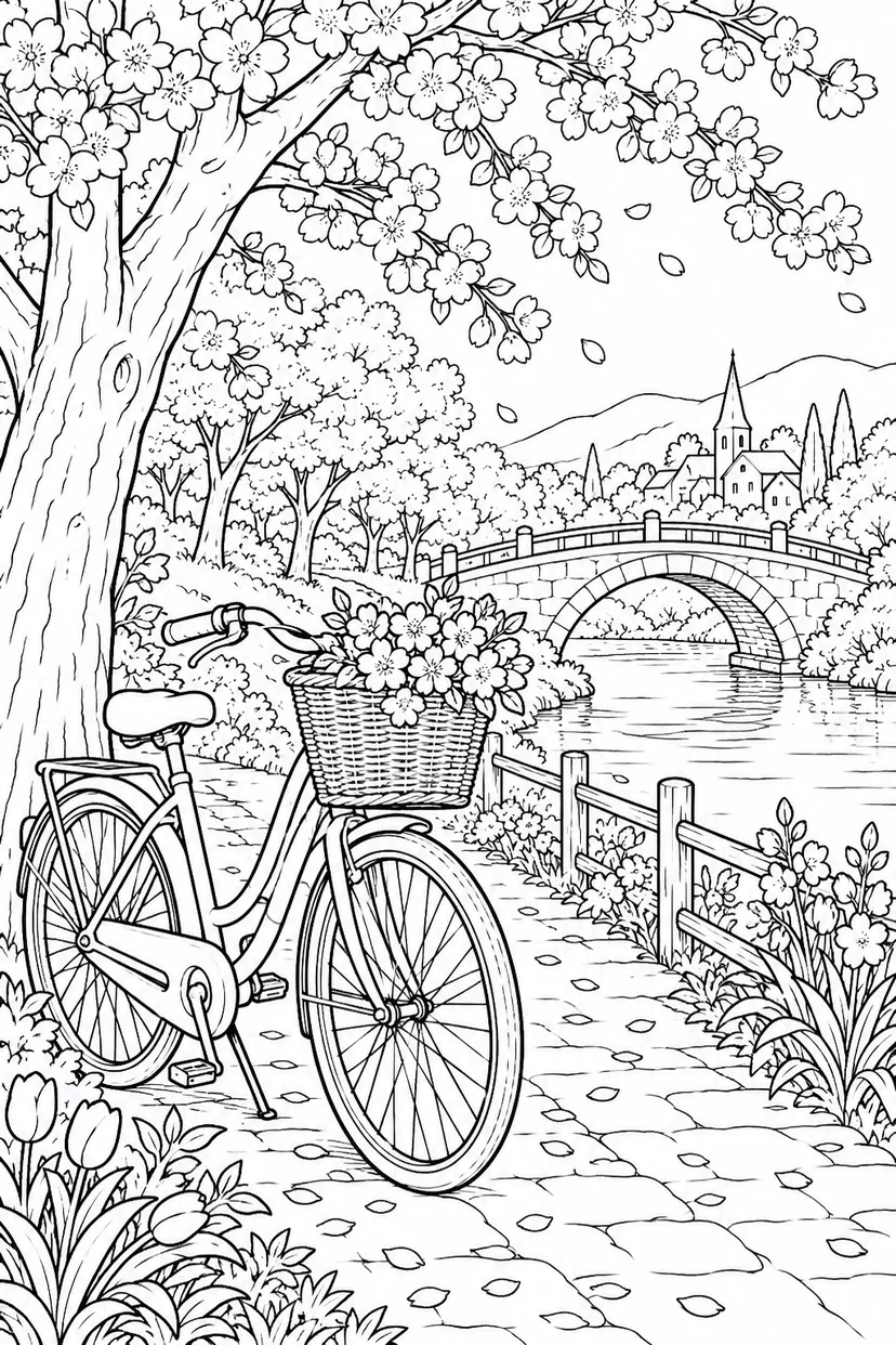 春の自転車でめぐる小道の塗り絵