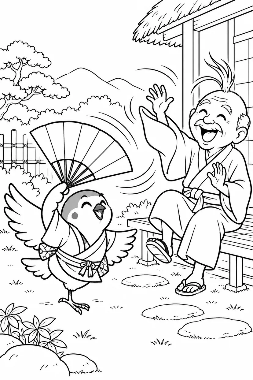したきりすずめ：扇の風でひっくりかえる前髪の塗り絵