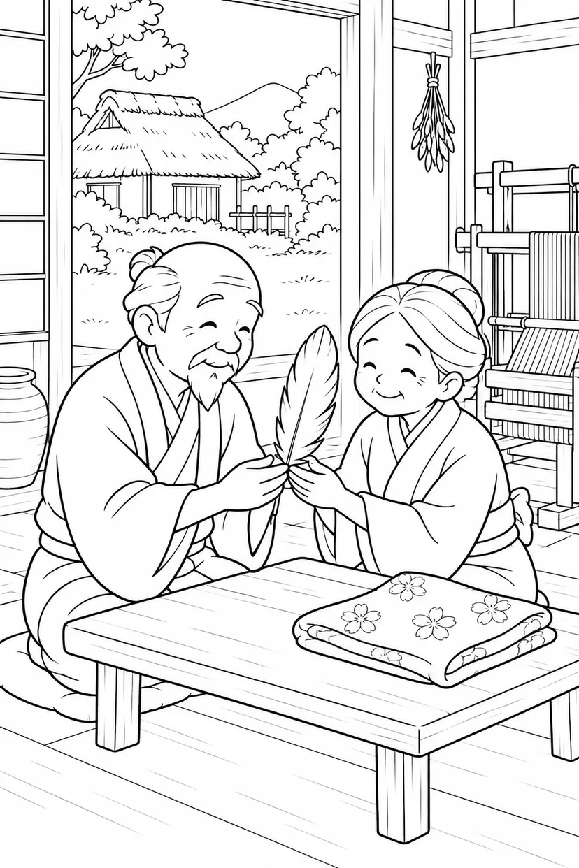 つるの恩返し：大切に見つめる一枚の羽の塗り絵