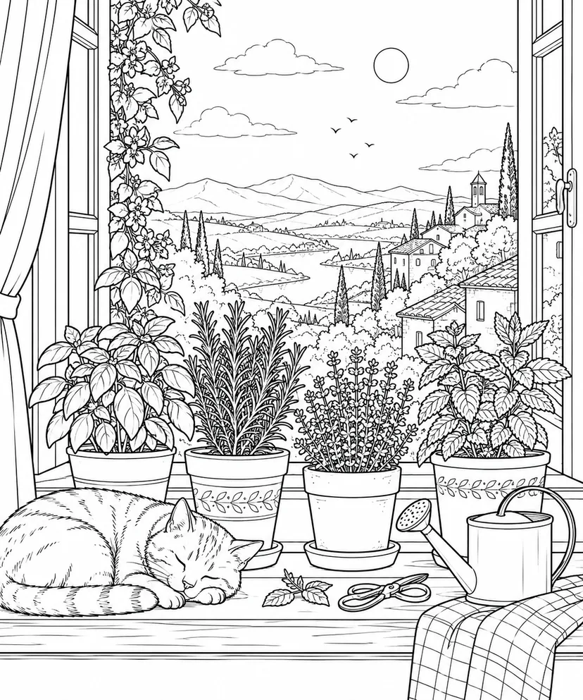 自然のひとこま：窓辺のハーブの鉢の塗り絵