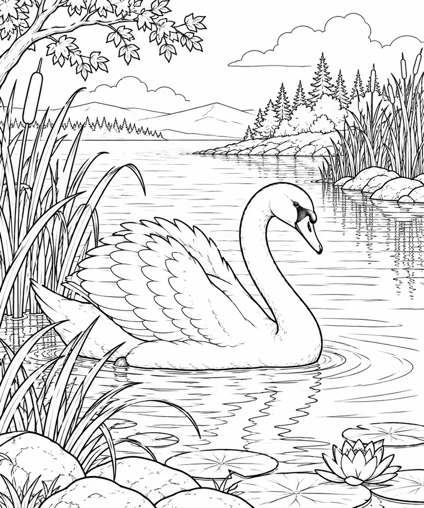 自然のひとこま：ハクチョウと葦の入り江の塗り絵