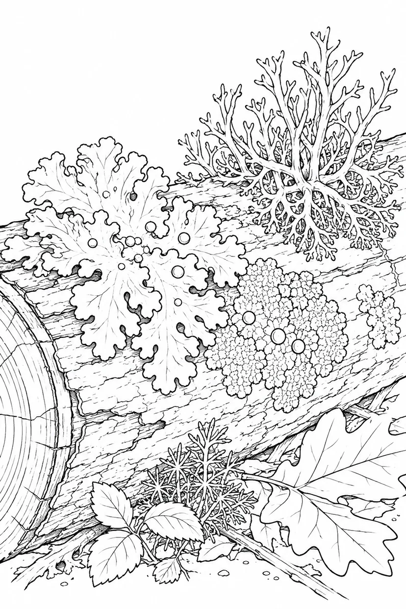 観察スケッチ：倒木の地衣類の塗り絵