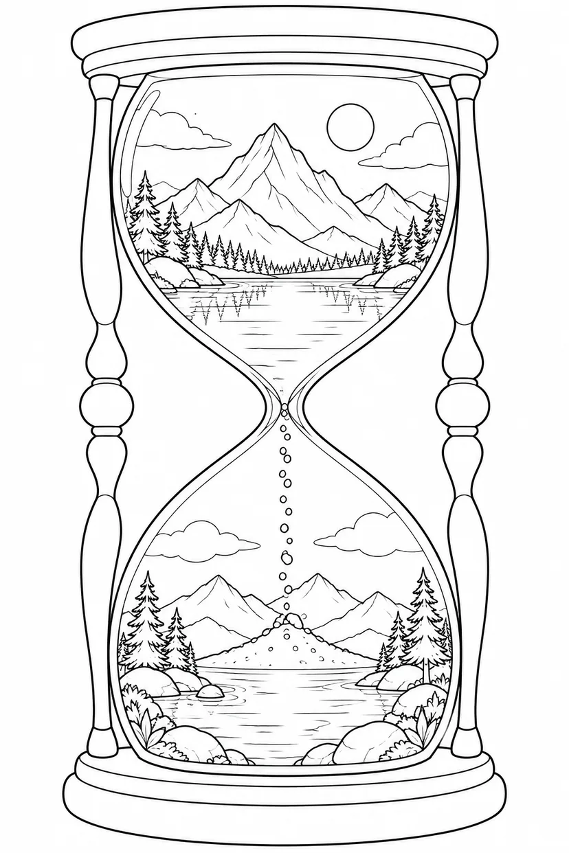 砂時計の中の山と湖の塗り絵