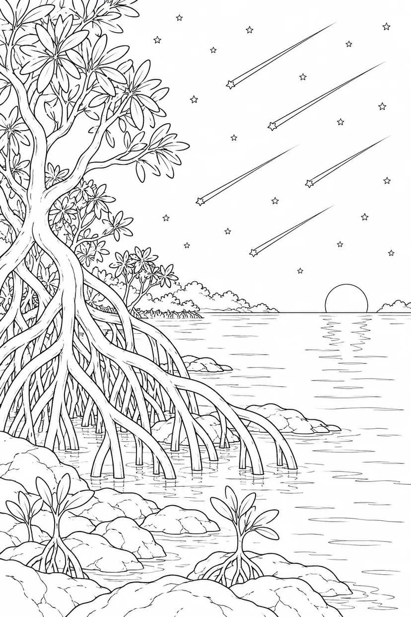 マングローブの入り江と流星群の塗り絵
