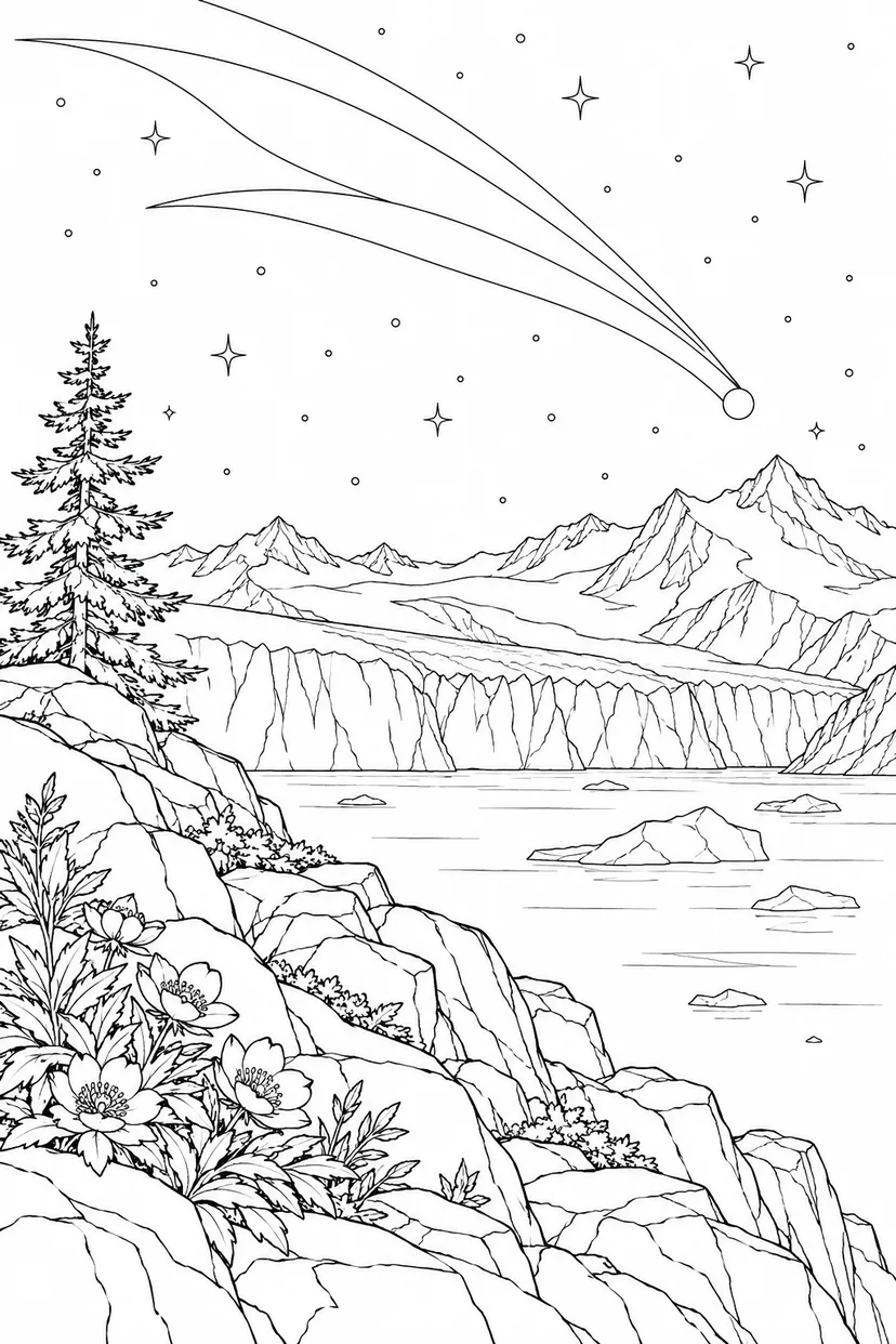 氷河と岩の岬と尾をひく彗星の塗り絵