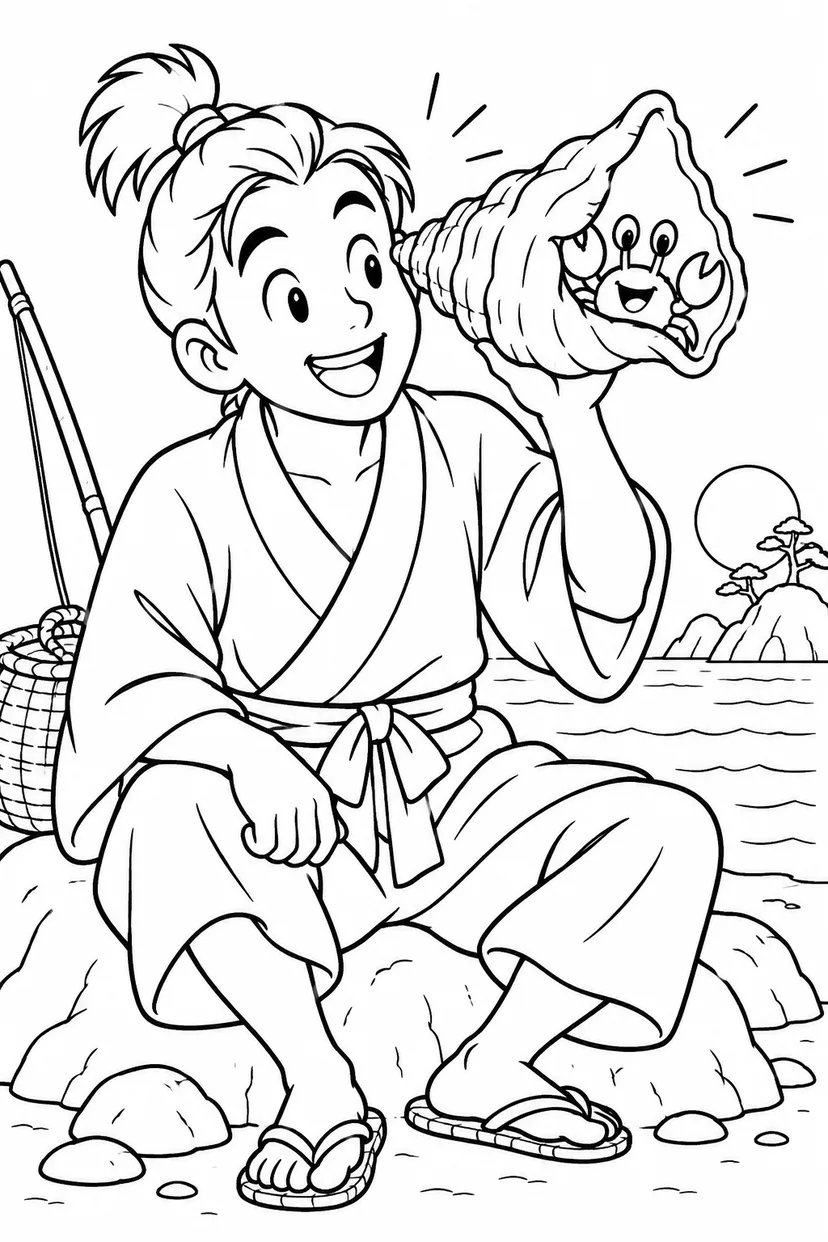 浦島太郎：ほら貝電話の中にカニ（ギャグ）の塗り絵