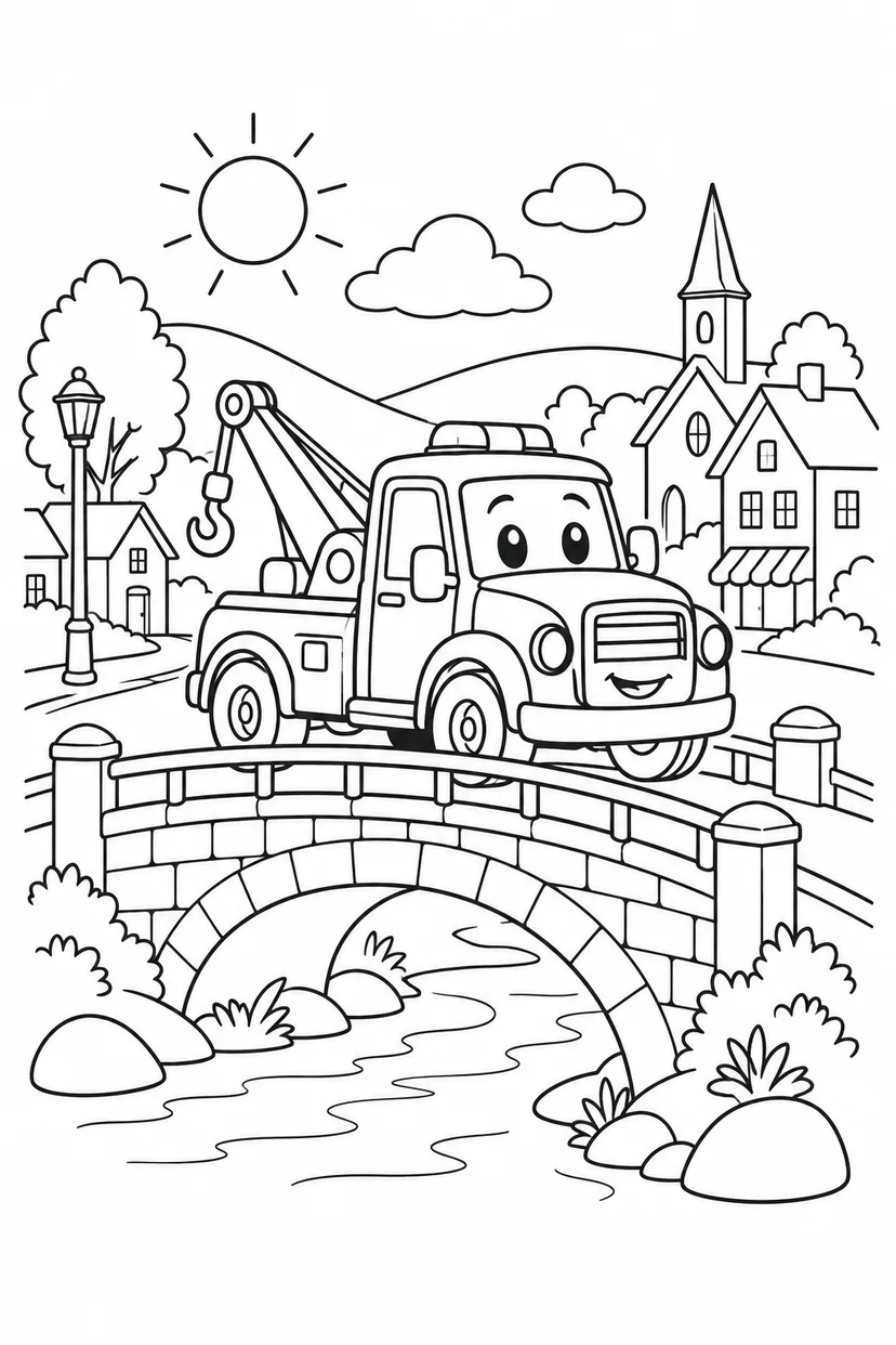 レッカー車と町の橋の塗り絵
