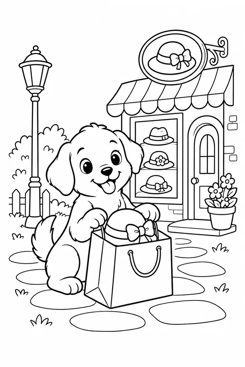 こいぬの帽子屋さんのお買い物の塗り絵