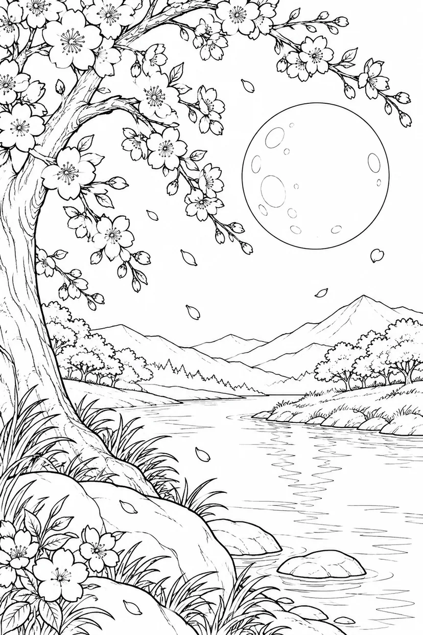 桜の枝と川辺と満月の塗り絵