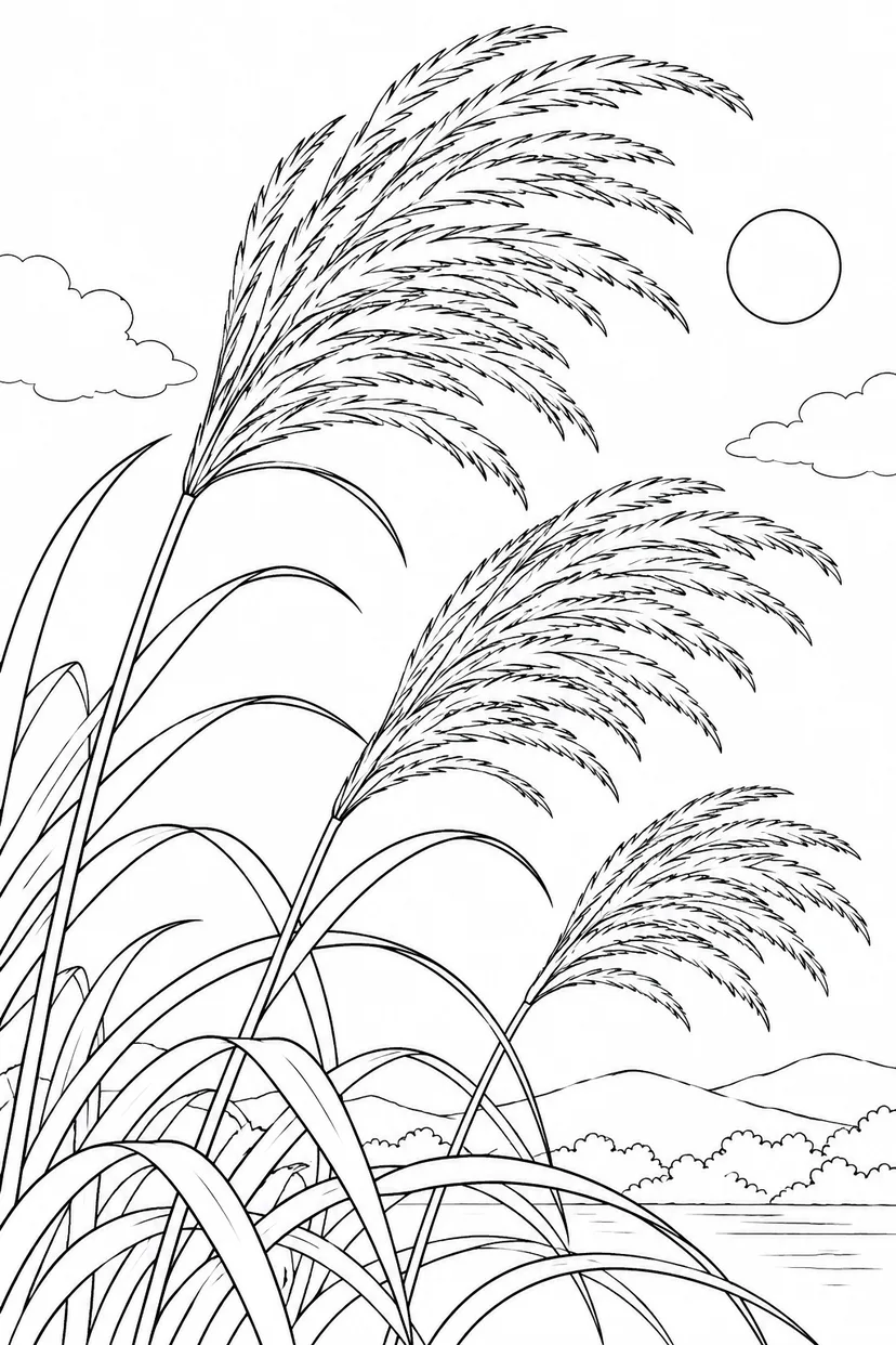 観察スケッチ：ススキの穂と風の塗り絵