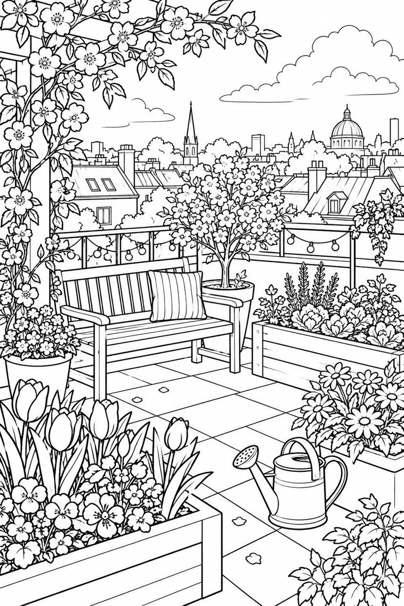 春の屋上庭園のひみつの塗り絵