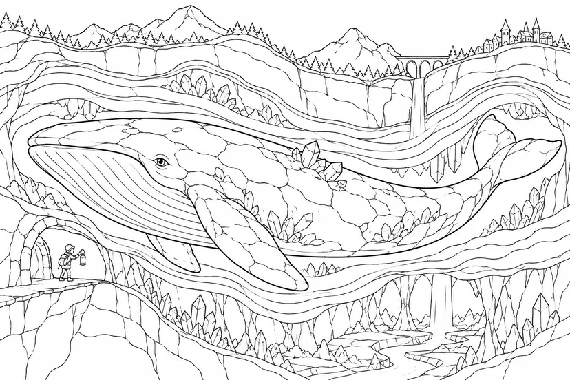 山の中を泳ぐ石のクジラの塗り絵