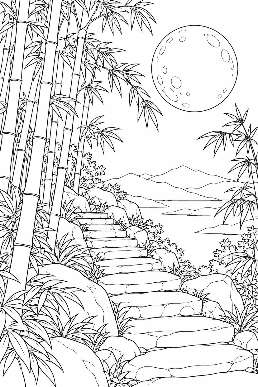 竹林の石段と満月の塗り絵