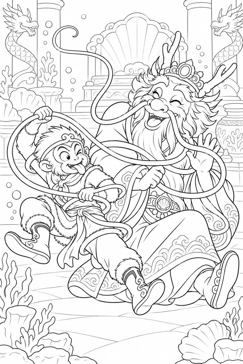 どたばた西遊記：悟空と竜の王の塗り絵