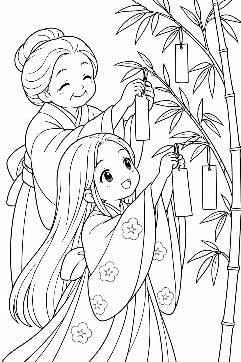 かぐや姫の七夕かざりの塗り絵
