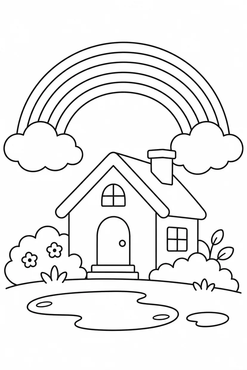 虹と雨あがりの家の塗り絵