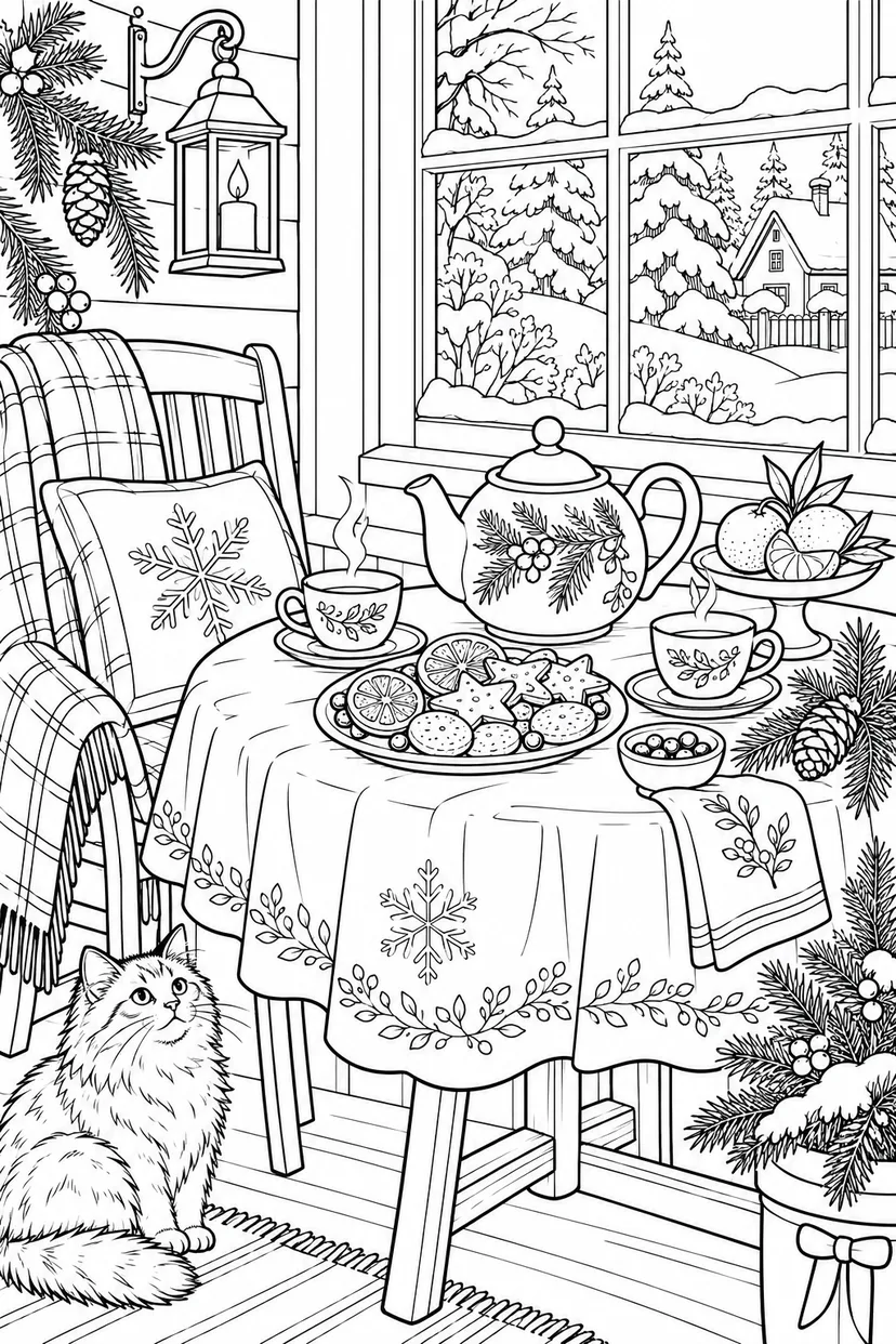 冬の庭園のお茶の時間の塗り絵