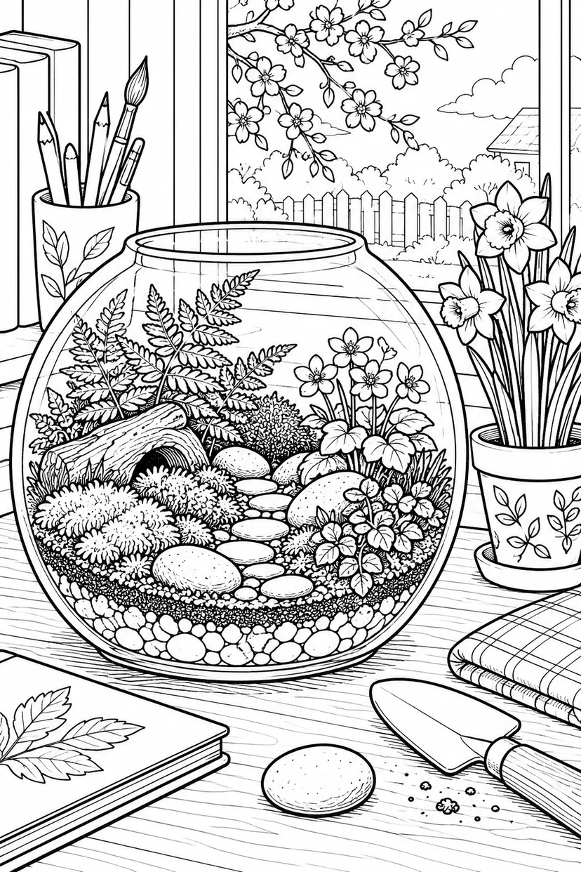 春のガラスびんの小さな世界の塗り絵