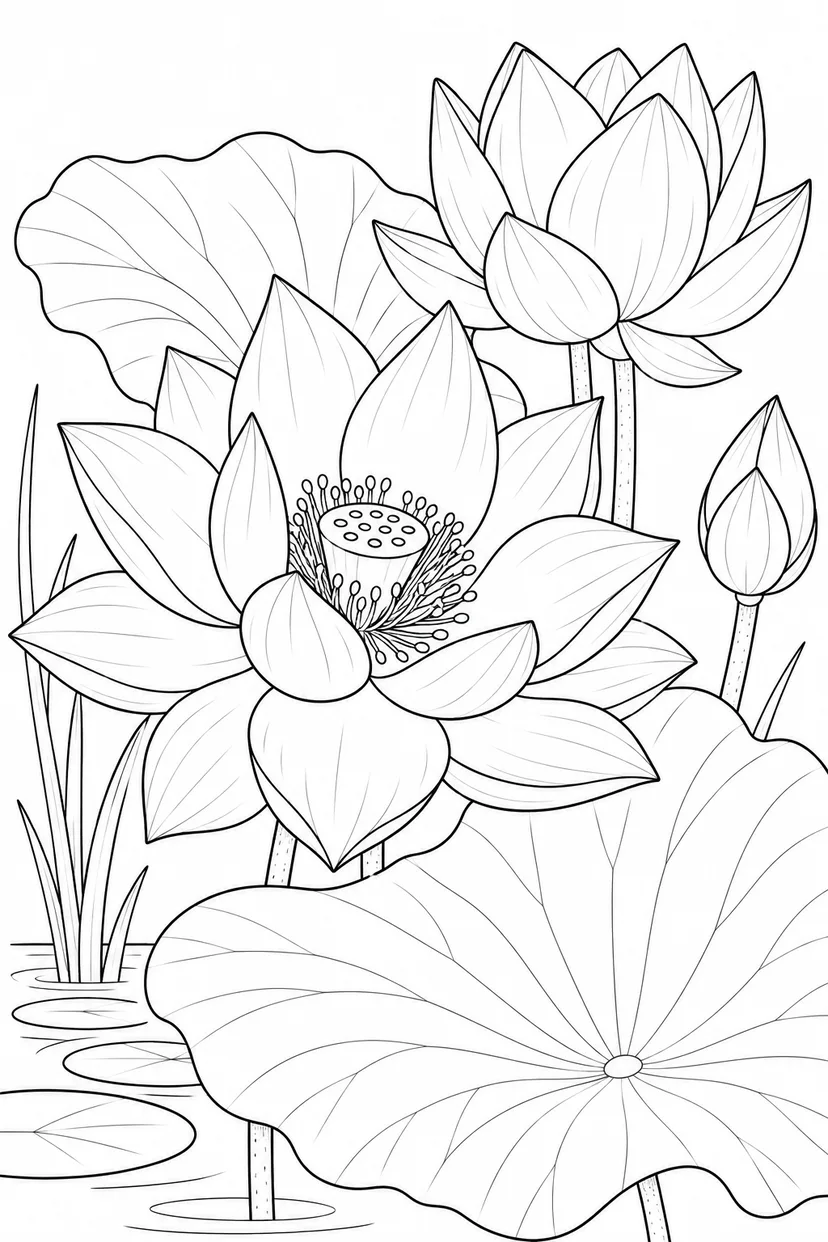 観察スケッチ：ハスの花と大きな葉の塗り絵