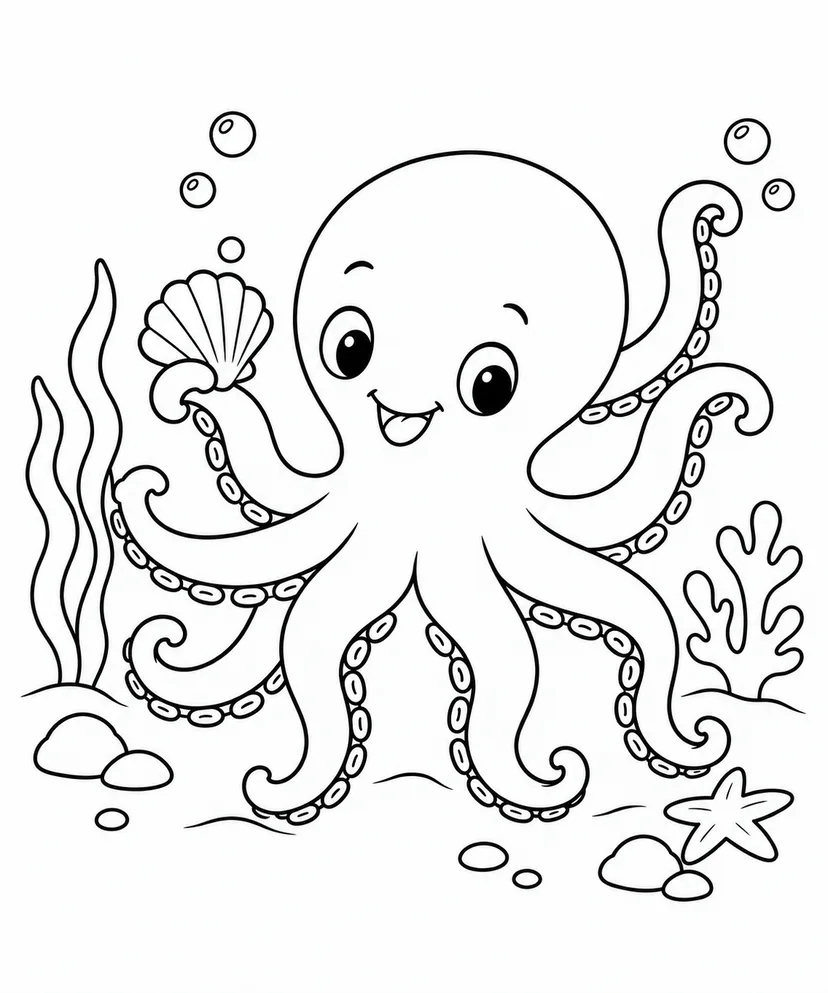 タコと貝がらの塗り絵