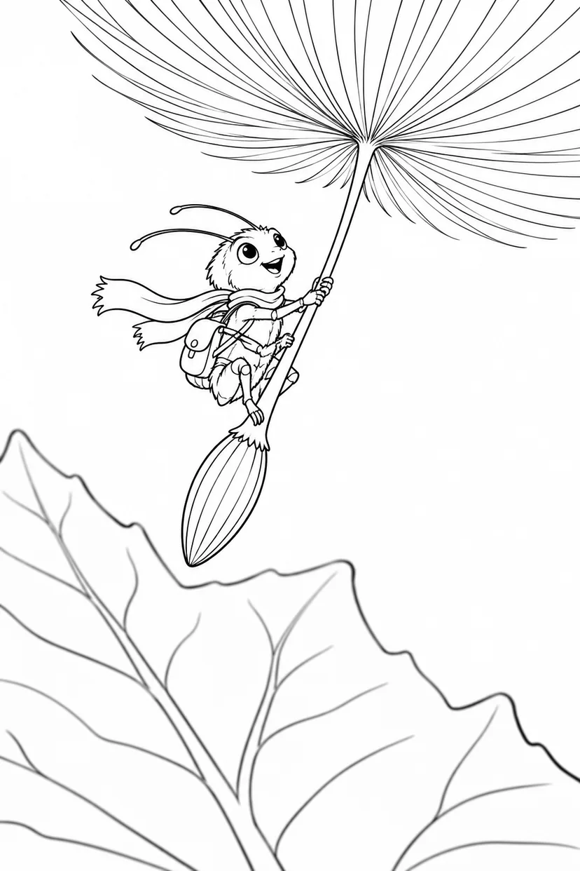 たんぽぽのタネに乗るノミの騎手の塗り絵
