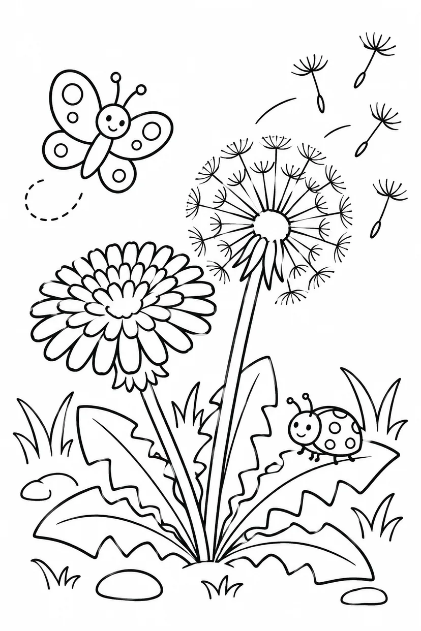 たんぽぽと綿毛の塗り絵