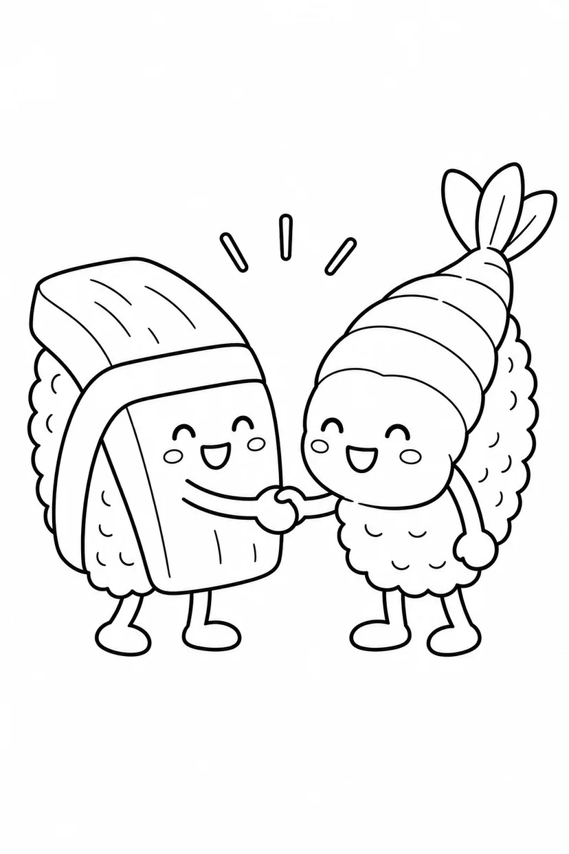 おすしの玉子とえびの握手の塗り絵