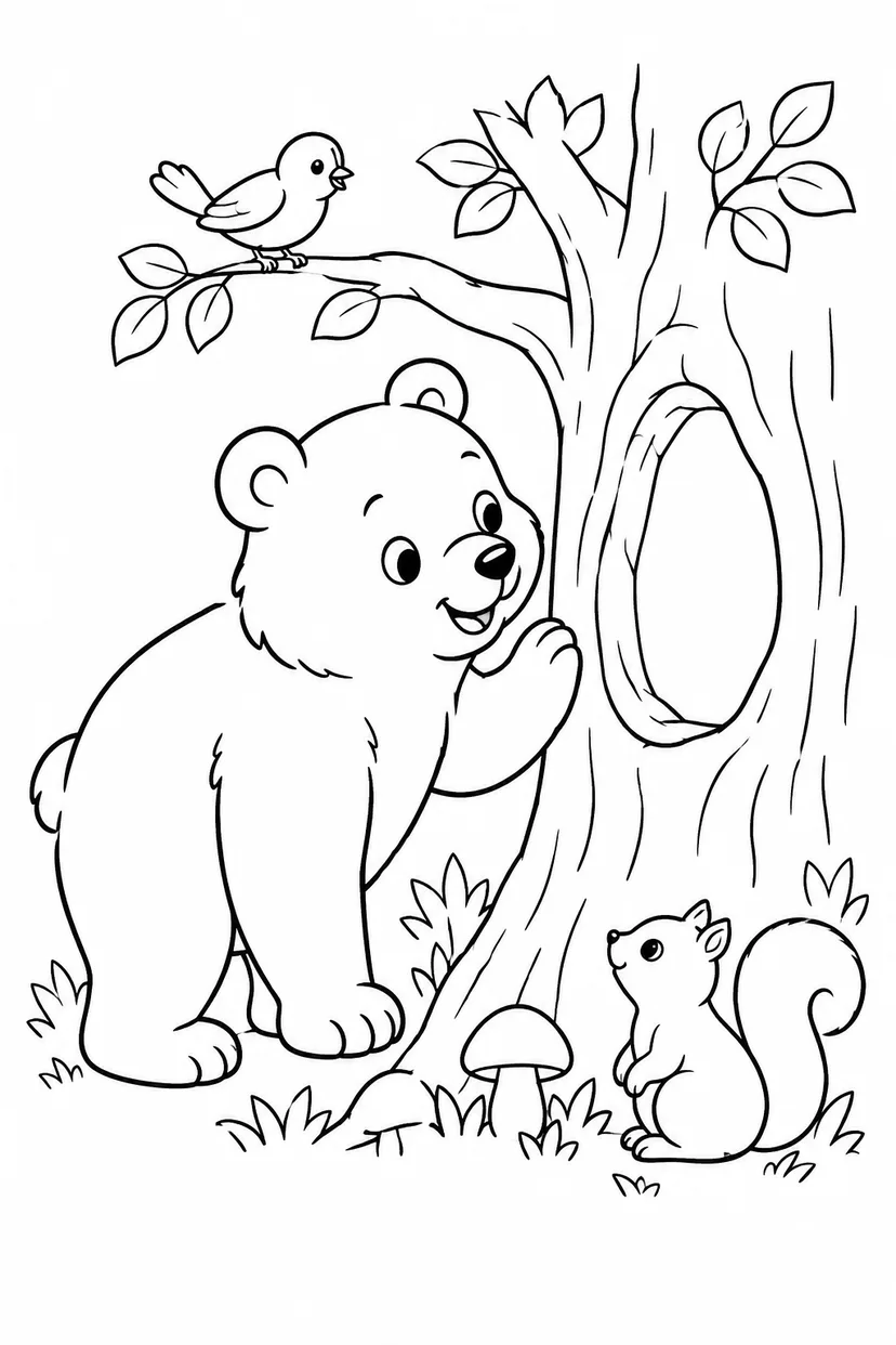 くまと木の洞の塗り絵