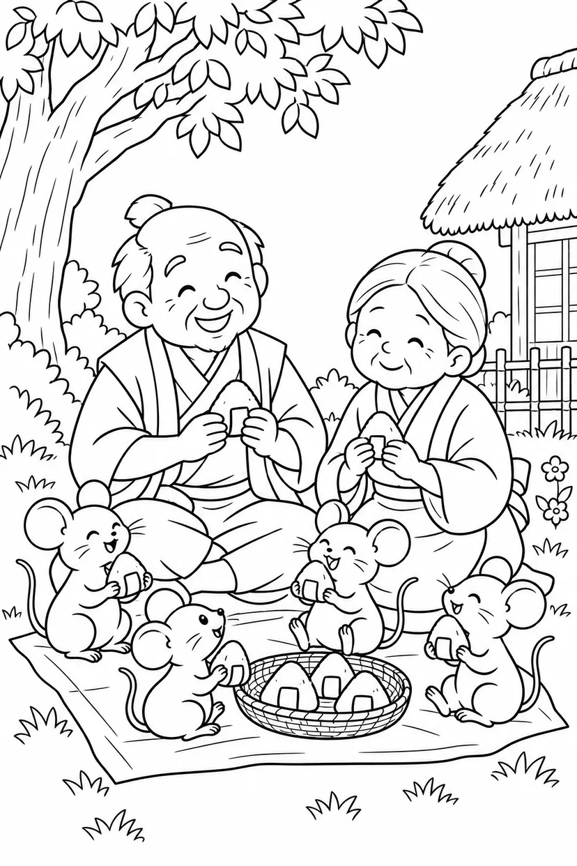 おむすびころりん・ほっこり：みんなでおむすびの塗り絵