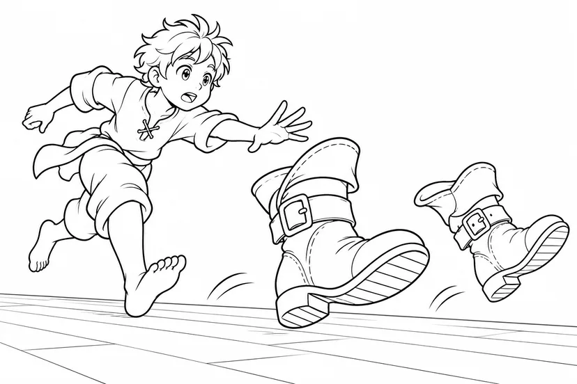 踊る靴に追いつく少年の塗り絵