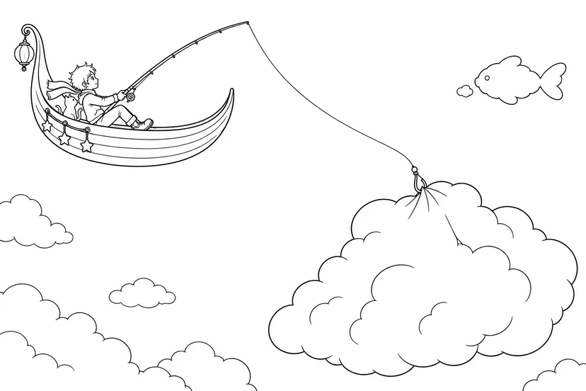 雲を釣る月の舟の塗り絵