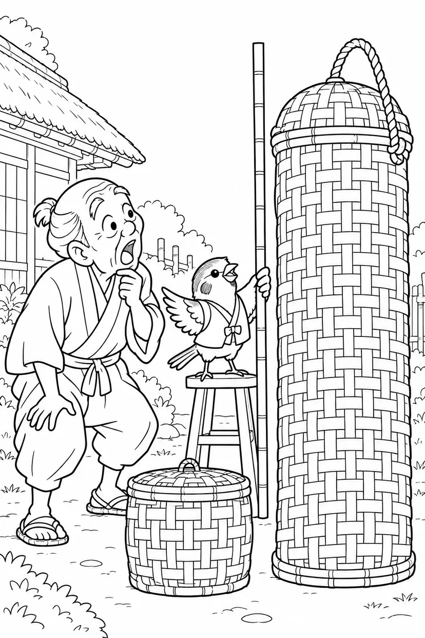 したきりすずめ：つづら選びは背くらべの塗り絵